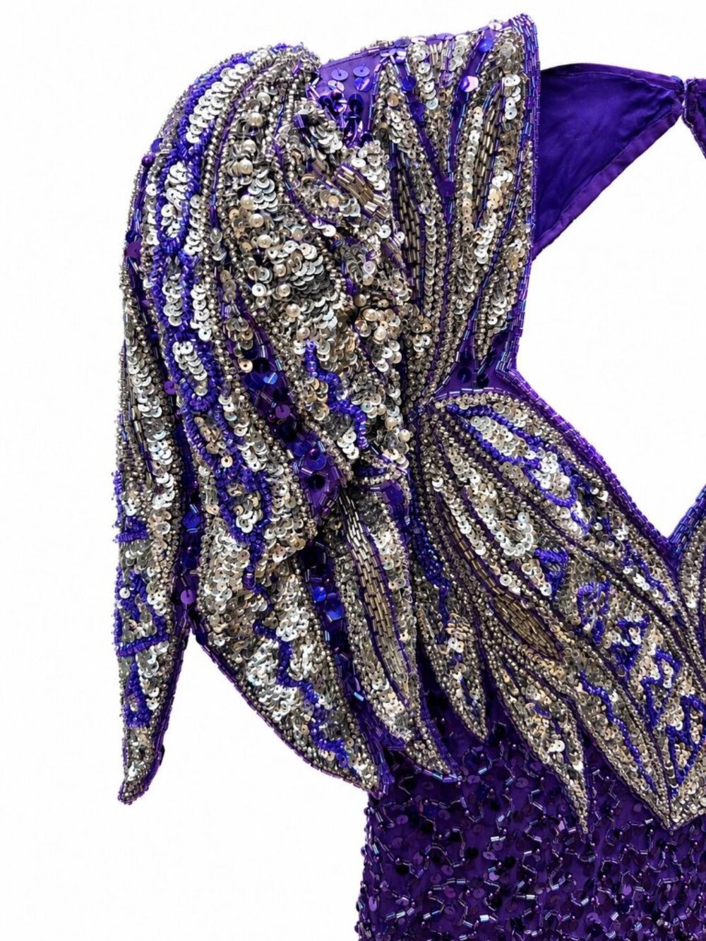 Vintage 90s Y2k Alyce Designs Silk Purple Sequin, Pearl, Bead Evening Dress, 6 - Picture 4 of 10